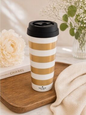 Kate Spade Classic White and Gold Striped Plastic Coffee / Tea Travel Mug